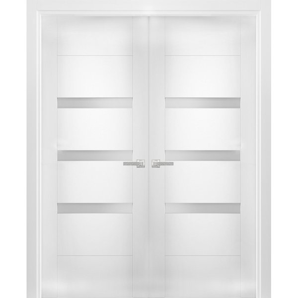Vdomdoors French Double 84x96" Opaque Glass / Sete 6900 White Silk / Wood Panel Frame / Closet  Modern SETE6900DD-WS-8496